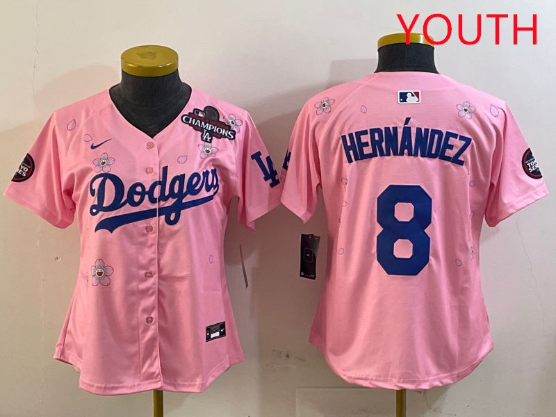 Youth Los Angeles Dodgers 8 Hernandez Pink Sakura Edition 2025 Nike MLB Jersey style 3